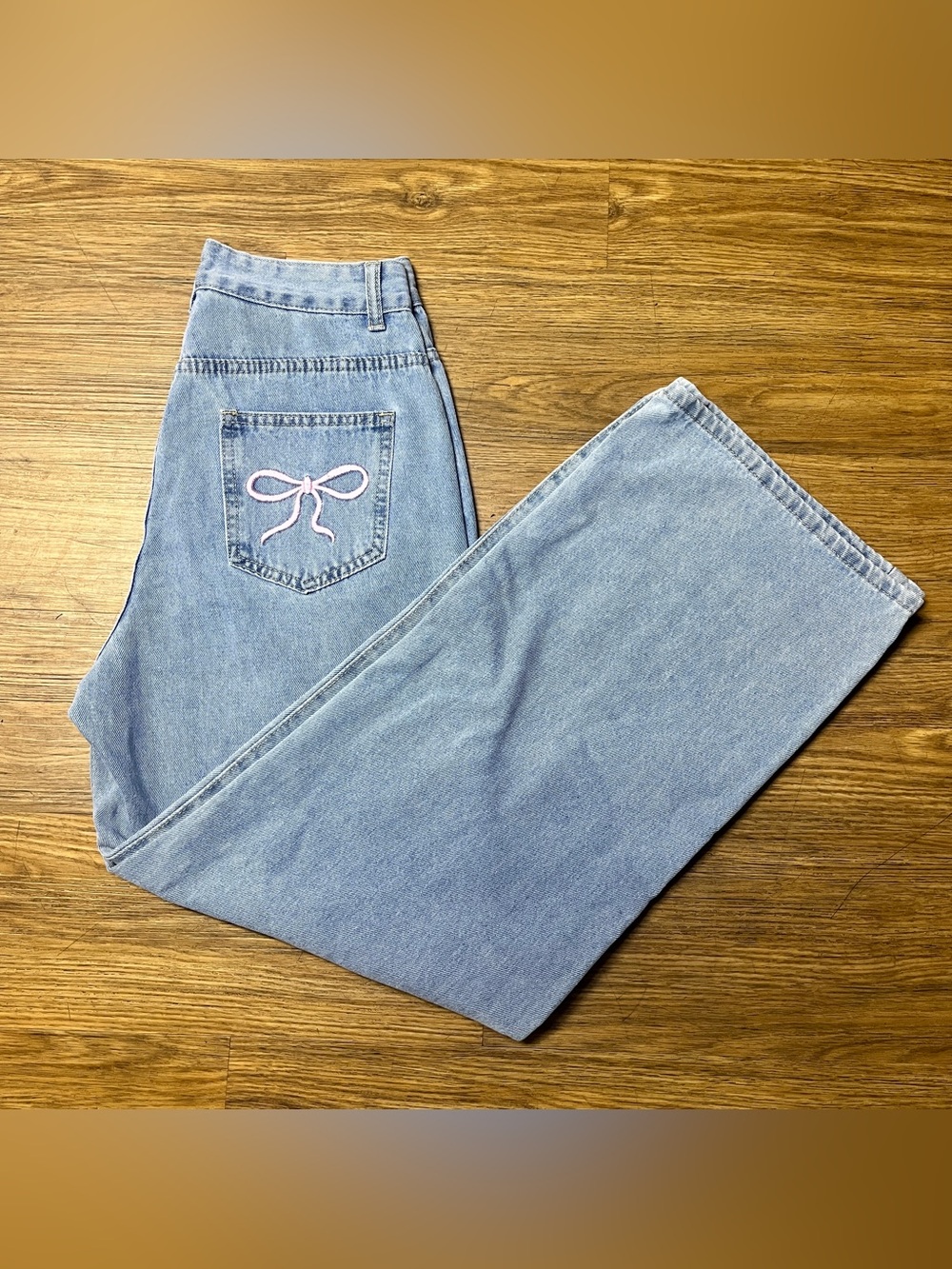 Women's High Waist Jeans Light Wash Pink Bow Embroidered PocketWide Leg Coquette